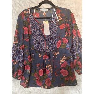 Daniel Rainn Blouse Womens Medium Floral Sheer Boho Peasant Top 3/4 Sleeve NWT